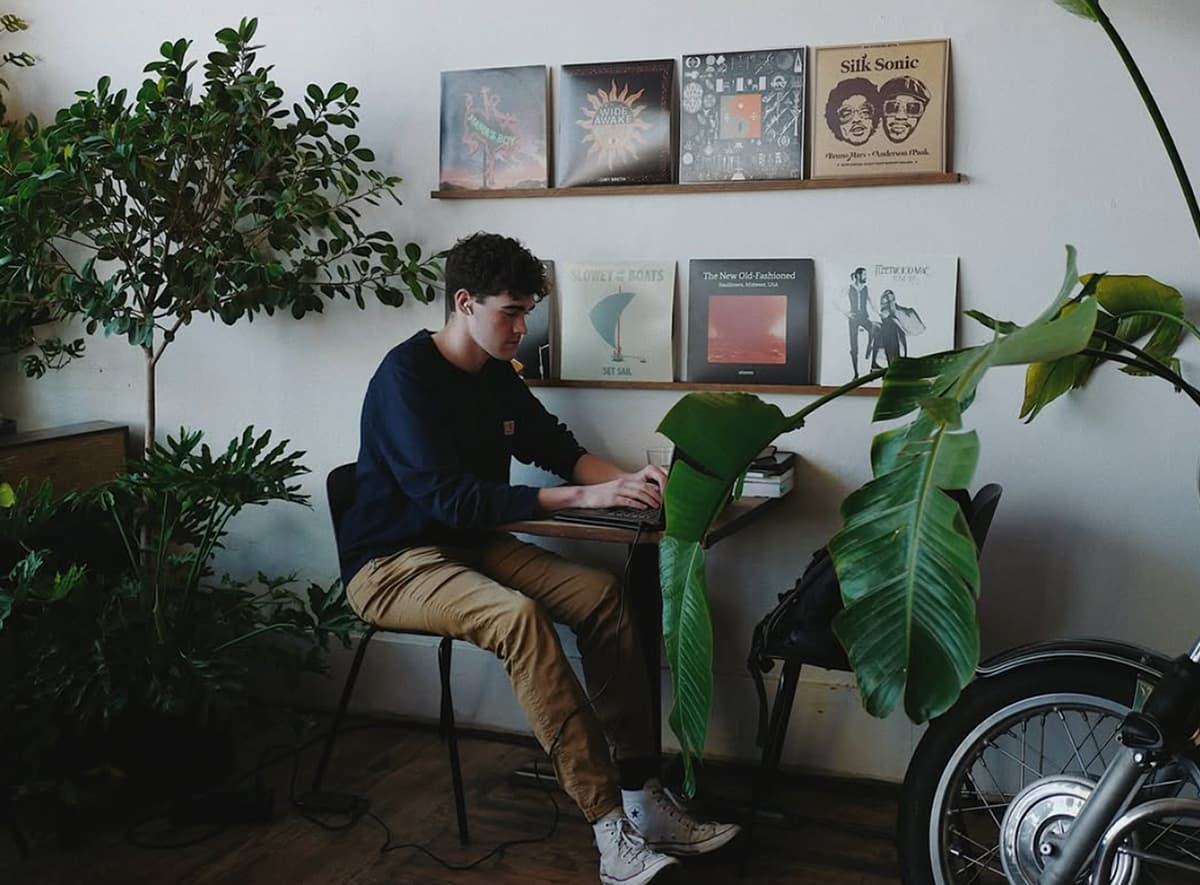 Person working in a calm plant-filled studio